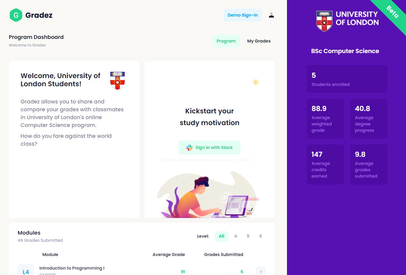 Screenshot of the live Gradez site deployed to Azure, from 2021.